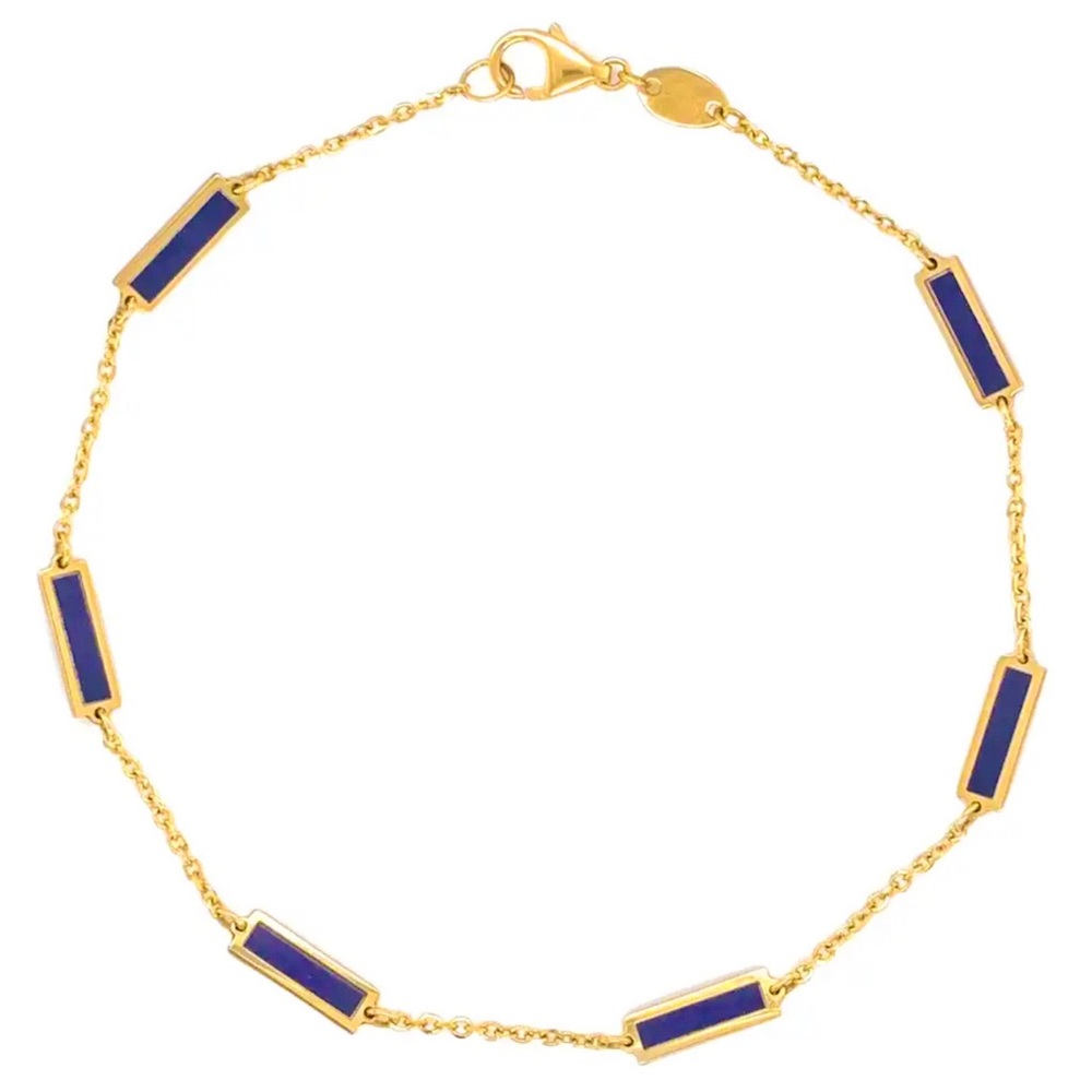 Italian 14K Yellow Gold Inlay Lapis Lazuli Bar Station Bracelet